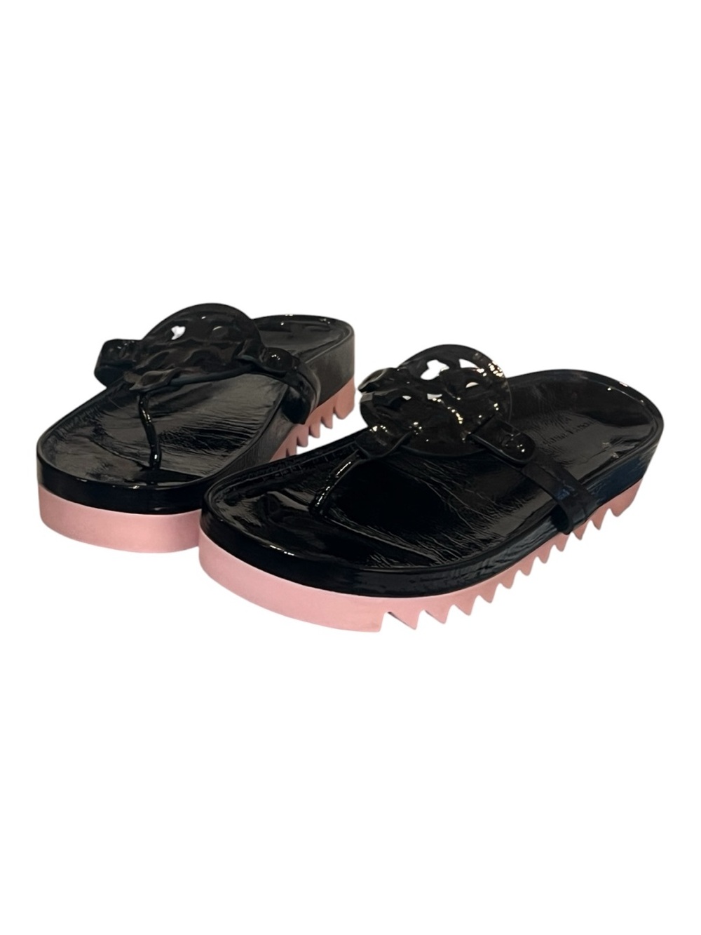 TORY BURCH Miller Cloud Lug Black Pink Leather Platform Sawtooth Sandals - Picture 12 of 16